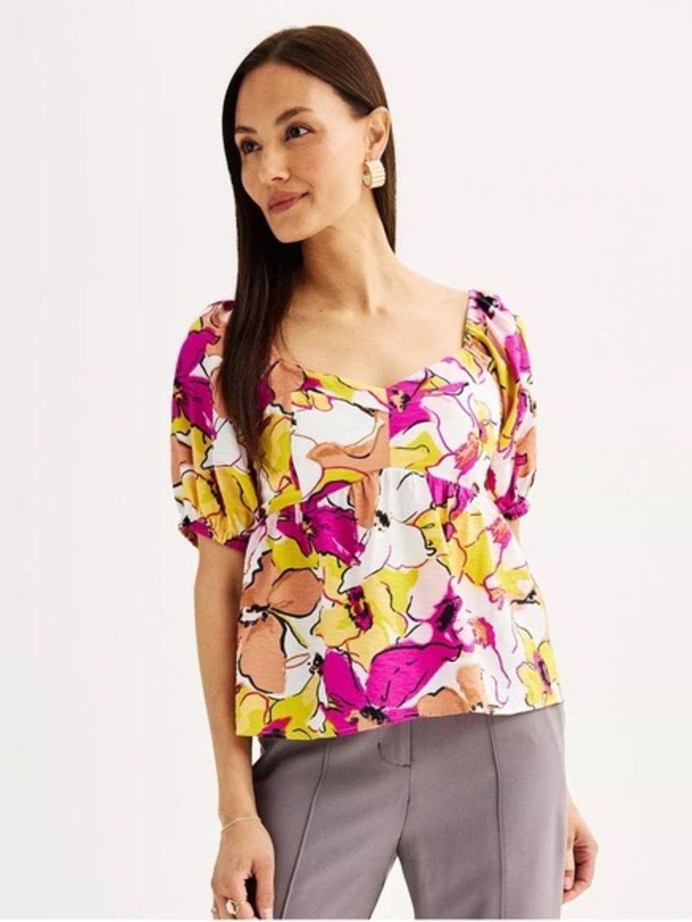 NINE WEST Womens Babydoll Puff Sleeve Floral Top. Pink Yellow . Size Sma…